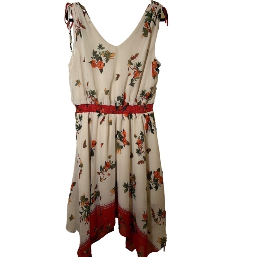 Floral Asymmetrical Dress with Red Accents